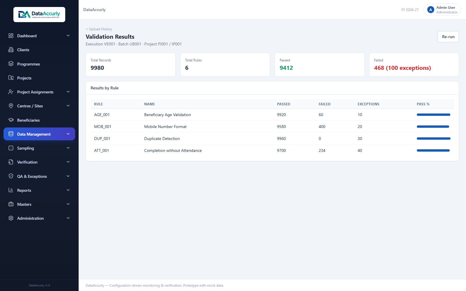 DataAccurly validation prototype screen with mock data