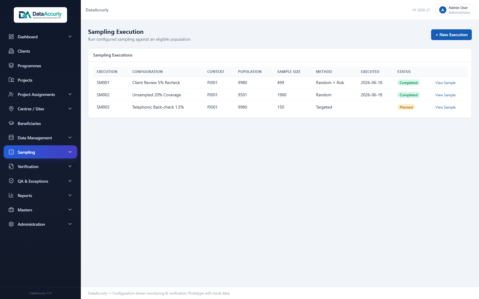 DataAccurly sampling prototype screen with mock data