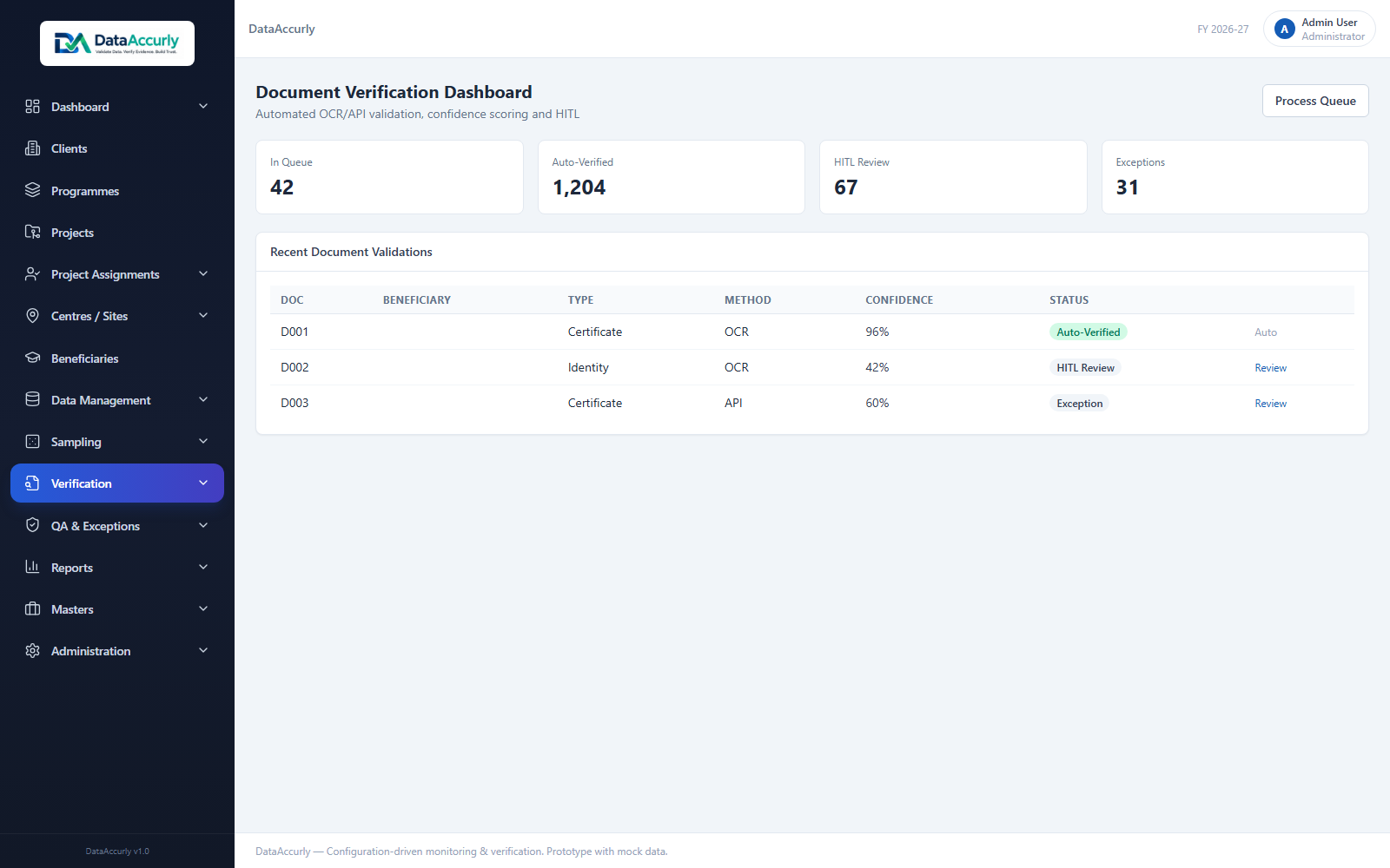 DataAccurly documents prototype screen with mock data