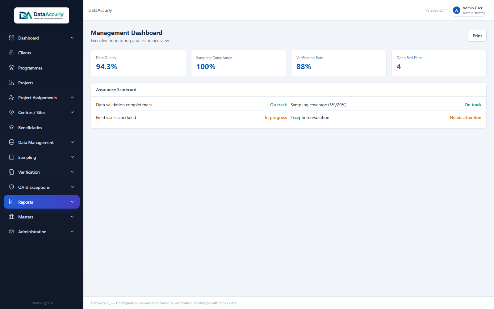 DataAccurly reporting prototype screen with mock data